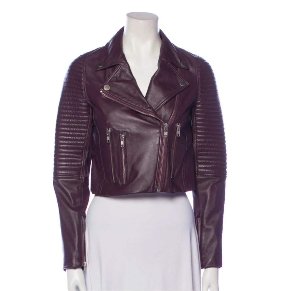Samantha Sipos 100% leather cropped jacket in burgundy/purple size L